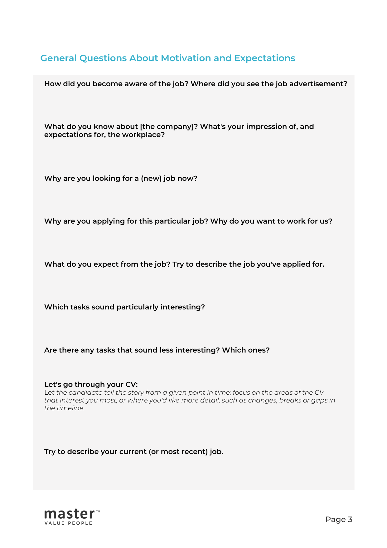 Page 3 of 3 of the template 30+ Questions for the Job Interview